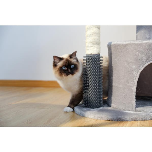 cenadinz Small and Medium Cats Tree 32.7 in. Cat Tower with Self Groomer Brush Sisal Scratching Post Dangling Ball in Grey