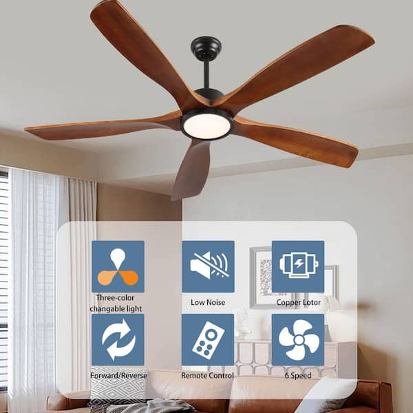 60 in. Indoor Black Downrod Mount Leaf Ceiling Fan with Light, Solid Wood Blade, Reversible DC Motor and Remote Included