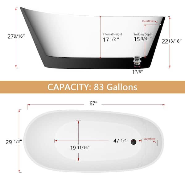 67 in. x 29.5 in. Acrylic Freestanding Soaking Bathtub Matte Black High-Back Slipper Soaking Tub with Black Left Drain