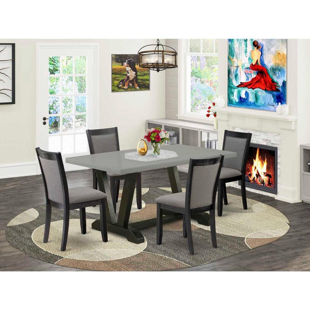 Gray Cement Top Dining Table with 4 Dark Gray Linen Chairs