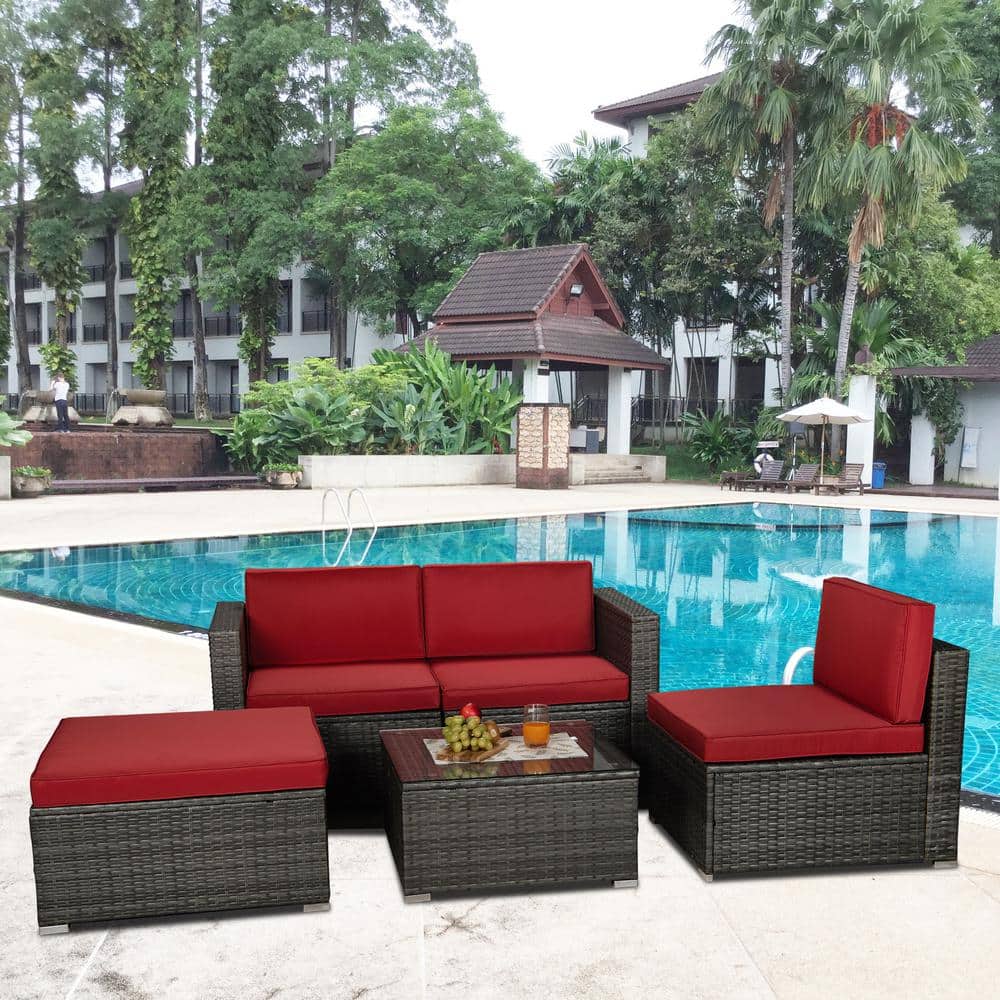 Gray 5-Piece PE Rattan Wicker Patio Conversation Sectional Seating Set with