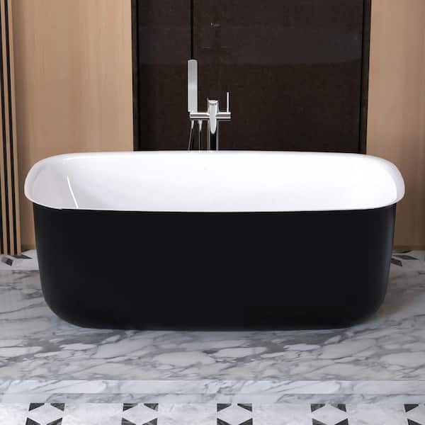 MYCASS 63 in. L x 29.52 in. W x 22.83 in. H Freestanding Acrylic Flatbottom Soaking Bathtub with Center Drain in Black