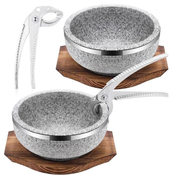 2-Set Granite Stone Bibimbap Bowl with Wood Base and Aluminum Tongs Heat Retaining Oven Safe for Rice Soup Stew