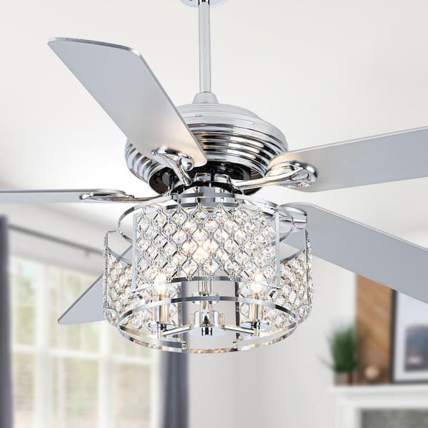 Oaks Aura Spence 52 in. Indoor Chrome Modern Glam Crystal Ceiling Fan With Lights, 6-Speed Reverisible Ceiling Fan W/Remote