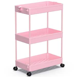 15 in. x 9 in. x 23 in. 3-Tier Plastic Storage Rolling Cart, Pink Outdoor Storage Cabinet for Laundry Room Bathroom