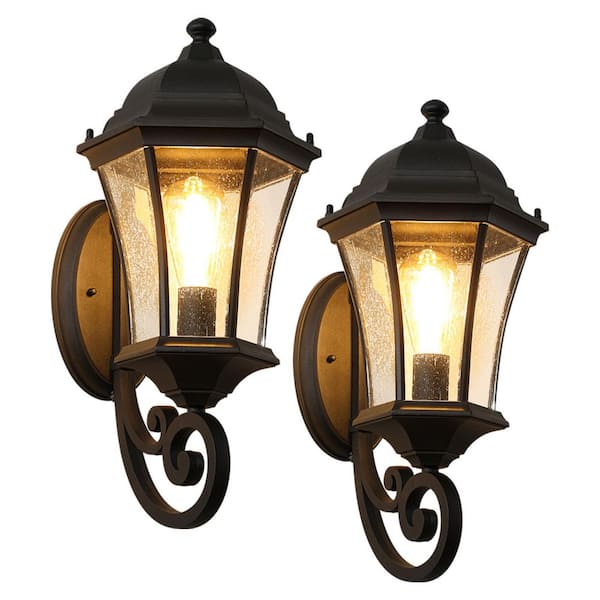 Black Metal Clear Glass Wall Sconce Light, Wall-Mounted Light, Light Sensor Garden Lighting 2 Pack (Bulb Not Included)