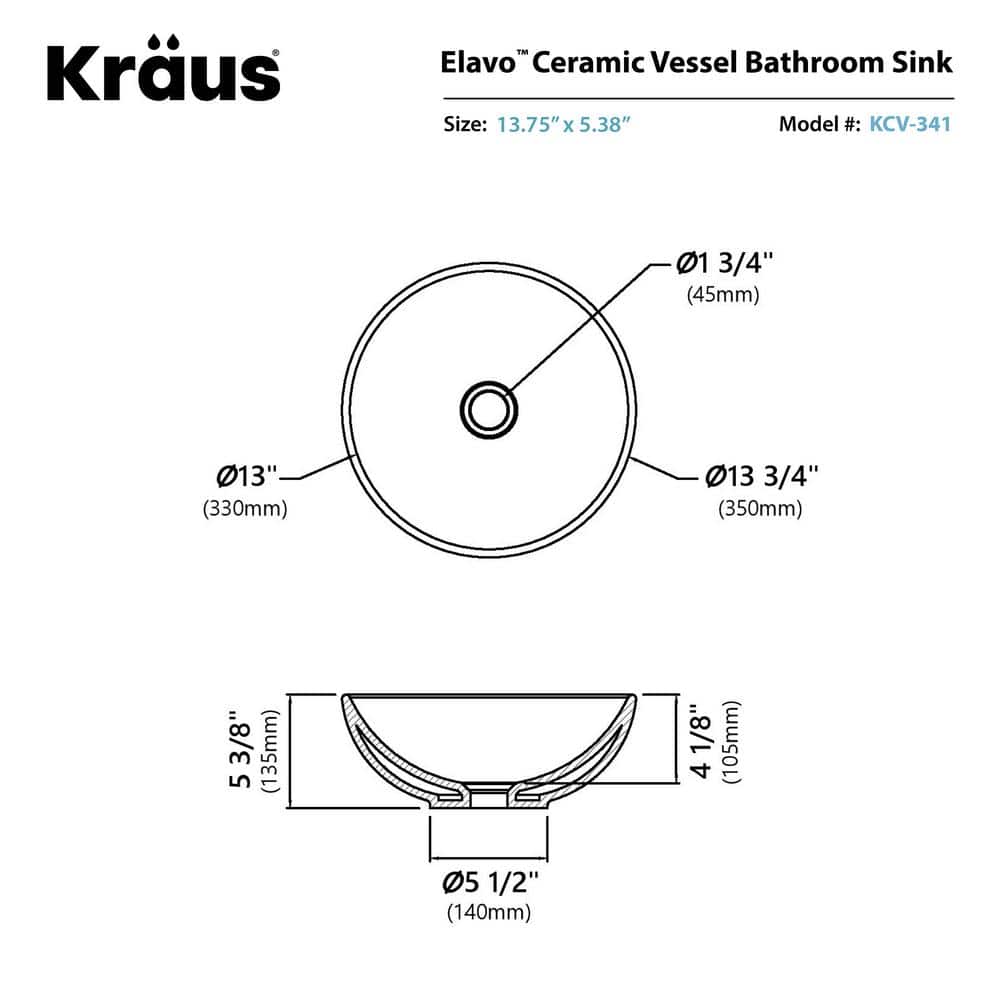 Elavo White Ceramic Round Vessel Sink with Oil Rubbed Bronze Drain