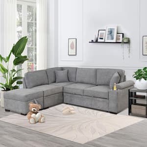 87.4 in. Gray Linen Upholstered L-Shaped Sleeper Sofa Bed with Pull-Out Bed and Storage Ottoman