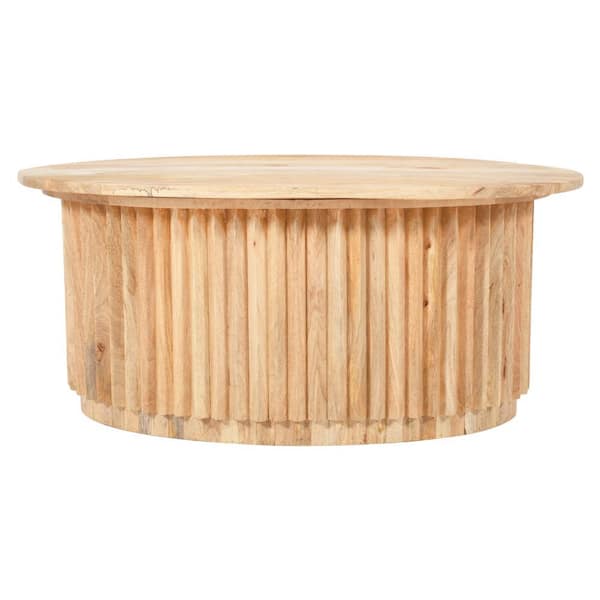 THE URBAN PORT 24 in. Natural Brown Oval Mango Wood Coffee Table with Reeded Base and Hidden Storage