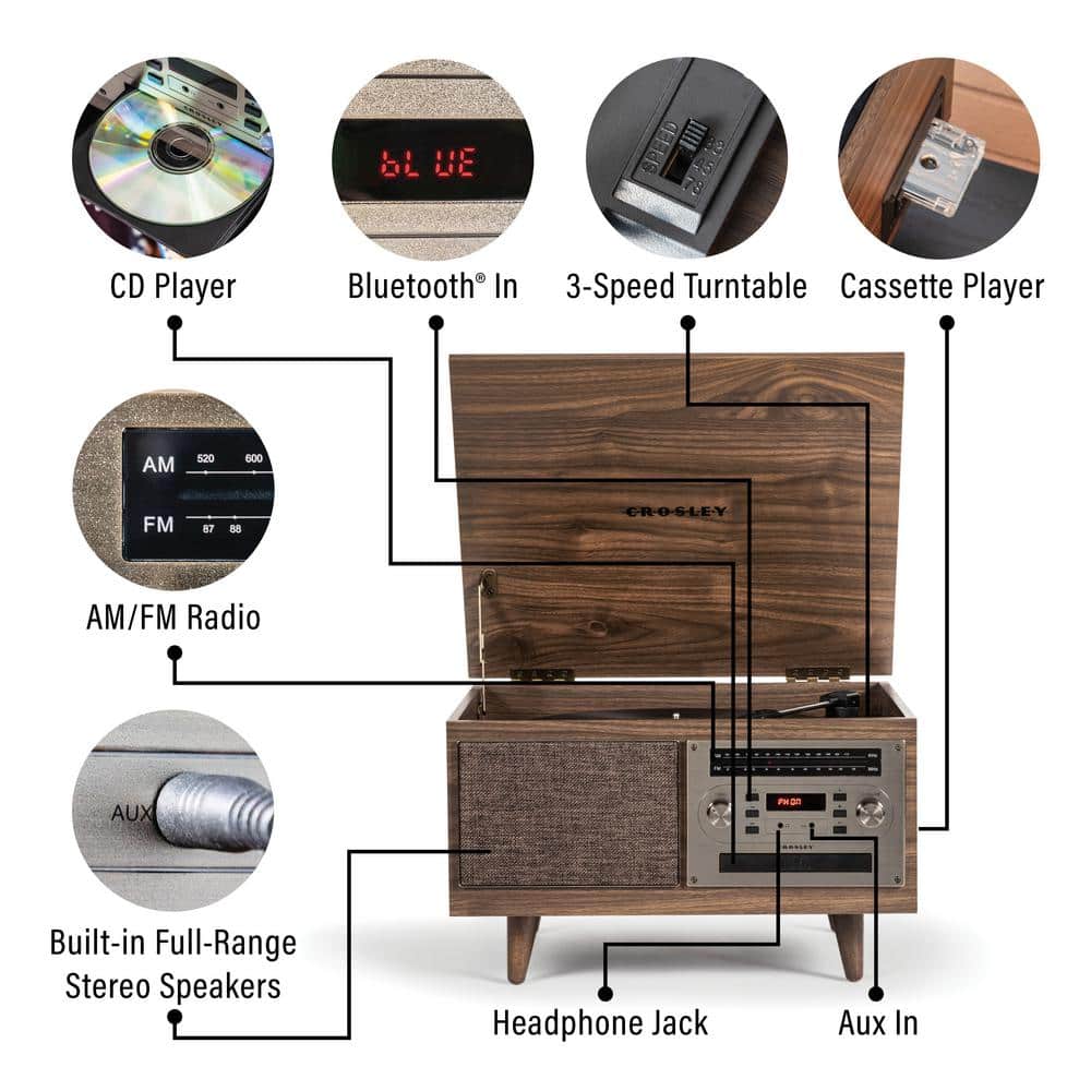 Walnut 8-in-1 Vintage Style Record Player with Bluetooth and Radio