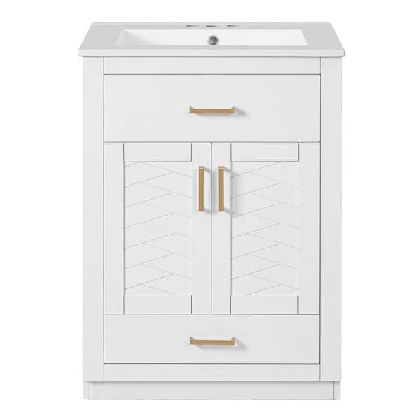 24 in. Freestanding White Bath Vanity with White Ceramic Sink Top, 2 Doors, 1 Tip-out Drawer
