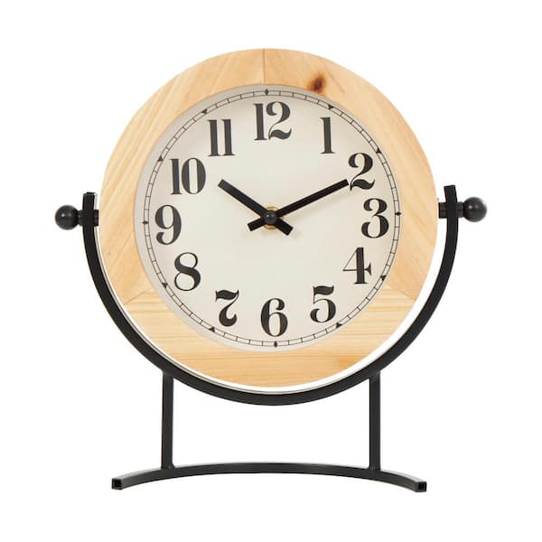 Litton Lane Light Brown Wood Clock with Curved Black Metal Stand and Ball Details