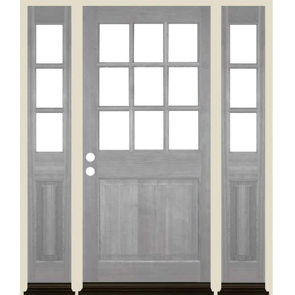 Krosswood Doors 64 in. x 80 in. Farmhouse 9-Lite Clear Glass Right Hand Grey Stain Hemlock Wood Prehung Front Door w/ DSL