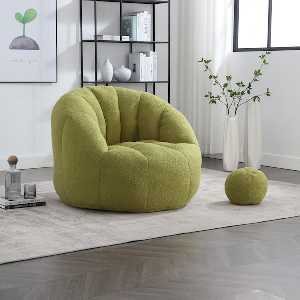 Modern Comfy Foam Olive Green Boucle Bean Bag Round Accent Arm Chair with Pillow