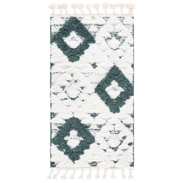 Moroccan Tassel Shag 2 ft. x 4 ft. Green/Ivory Tribal Area Rug