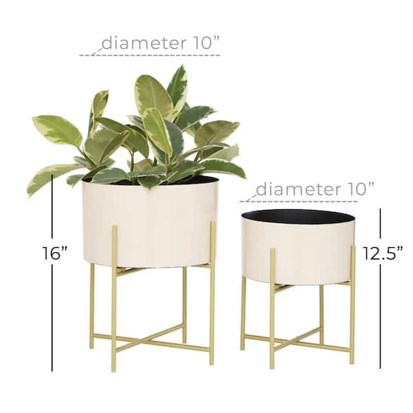 12 in., and 16 in. Medium Pink Metal Indoor Outdoor Planter with Removable Gold Stand (2- Pack)