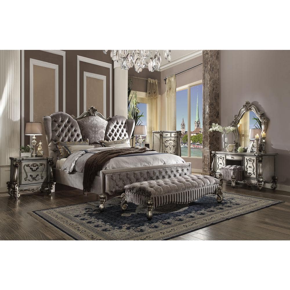 Gray Velvet Upholstered Queen Bed with Nailhead Trim
