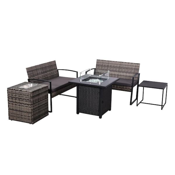 Gray Wicker Outdoor Sectional Set with Gray Cushions, 1 Table Fire Pit