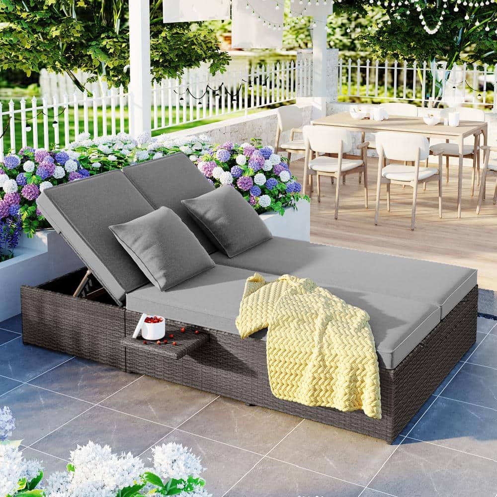 Gray Rattan Outdoor Double Chaise Lounge with Gray Cushions, Adjustable Backrest