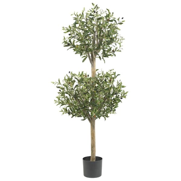 Nearly Natural 4.5 ft. Artificial Green Olive Double Topiary Silk Tree