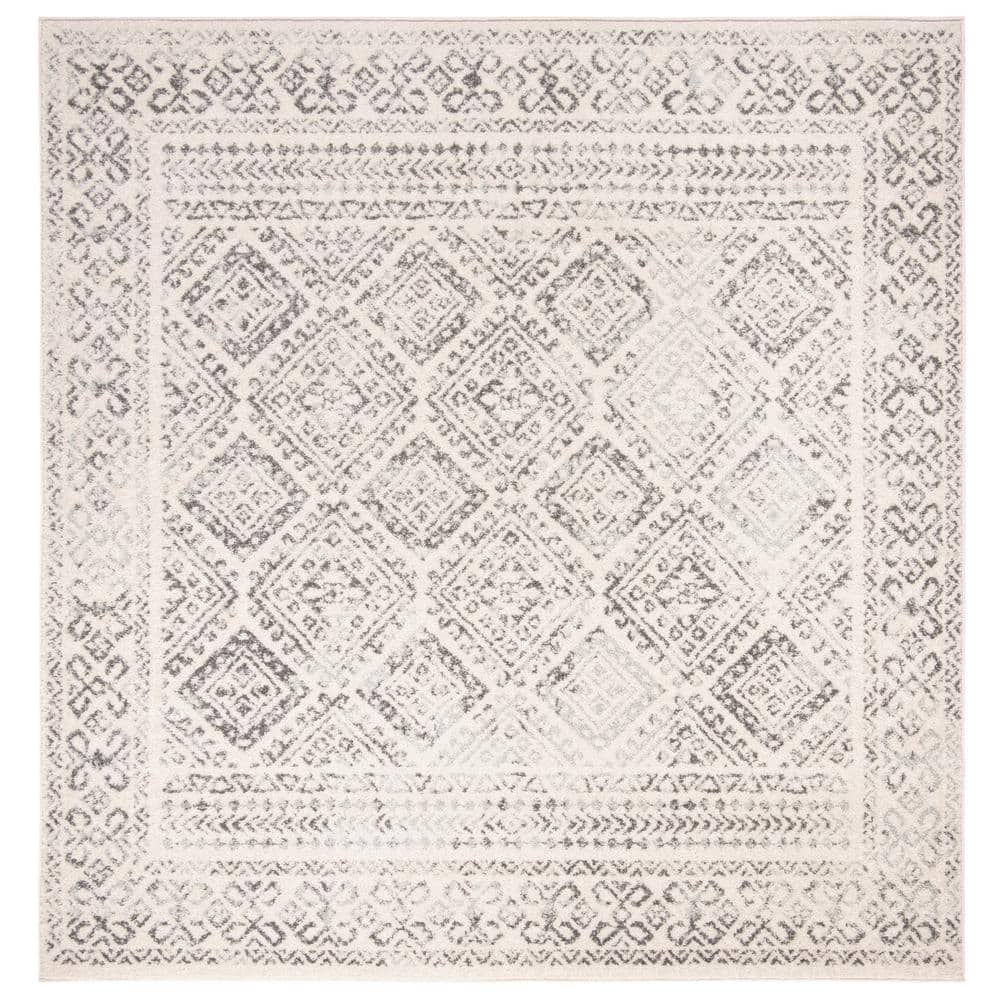 Ivory and Grey Hand-knotted Square Synthetic Rug, 5' x 5'