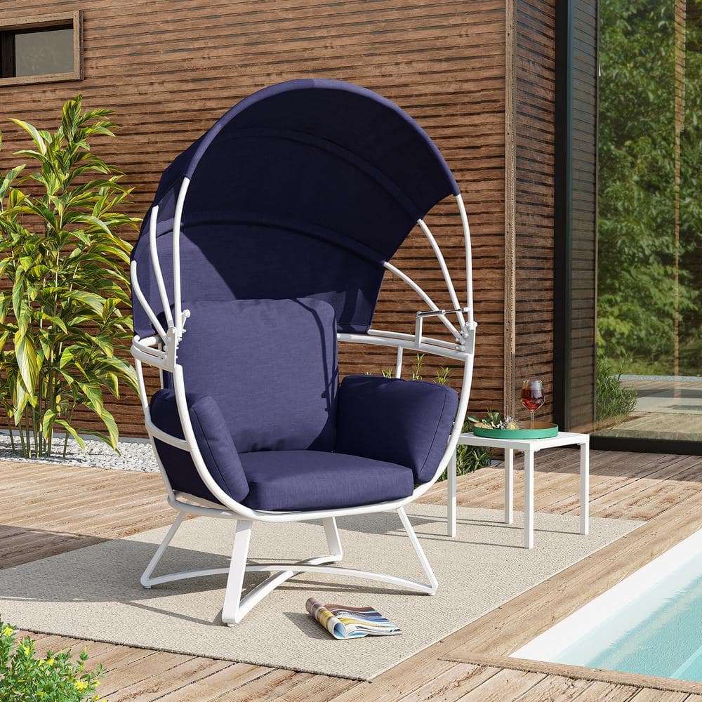 Crestlive Products White Aluminum Classic Outdoor Egg Lounge Chair with  Navy Blue Cushion and Navy Blue Sun Shade Cover CL-DC020WNN - The Home Depot
