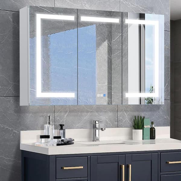 Lonni 48 in. W x 30 in. H Silver Rectangular Aluminum Recessed/Surface Mount Light Medicine Cabinet with Mirror and Dimming
