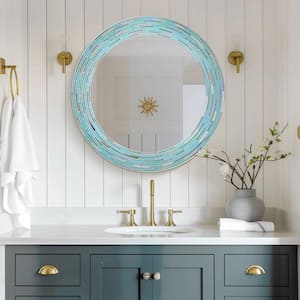 30 in. x 30 in. Sea Glass 2-Tile Framed Round Wall Decorative Vanity Mirror