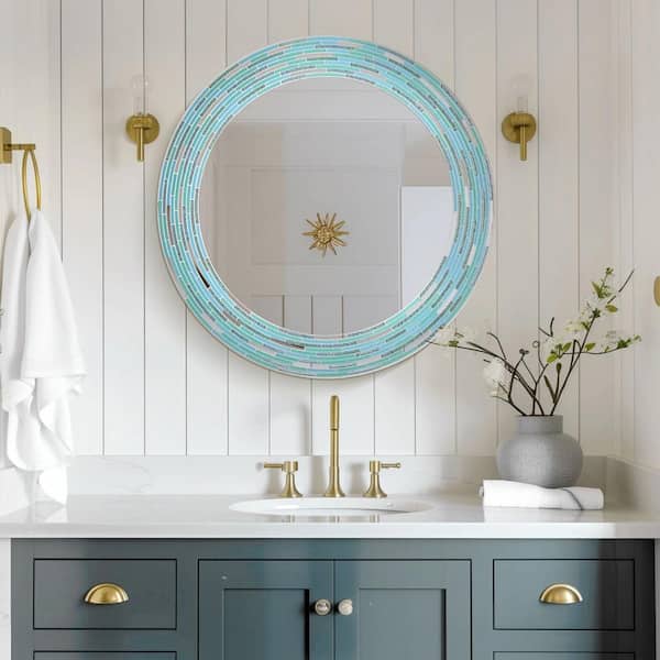 Head West 30 in. x 30 in. Sea Glass 2-Tile Framed Round Wall Decorative Vanity Mirror