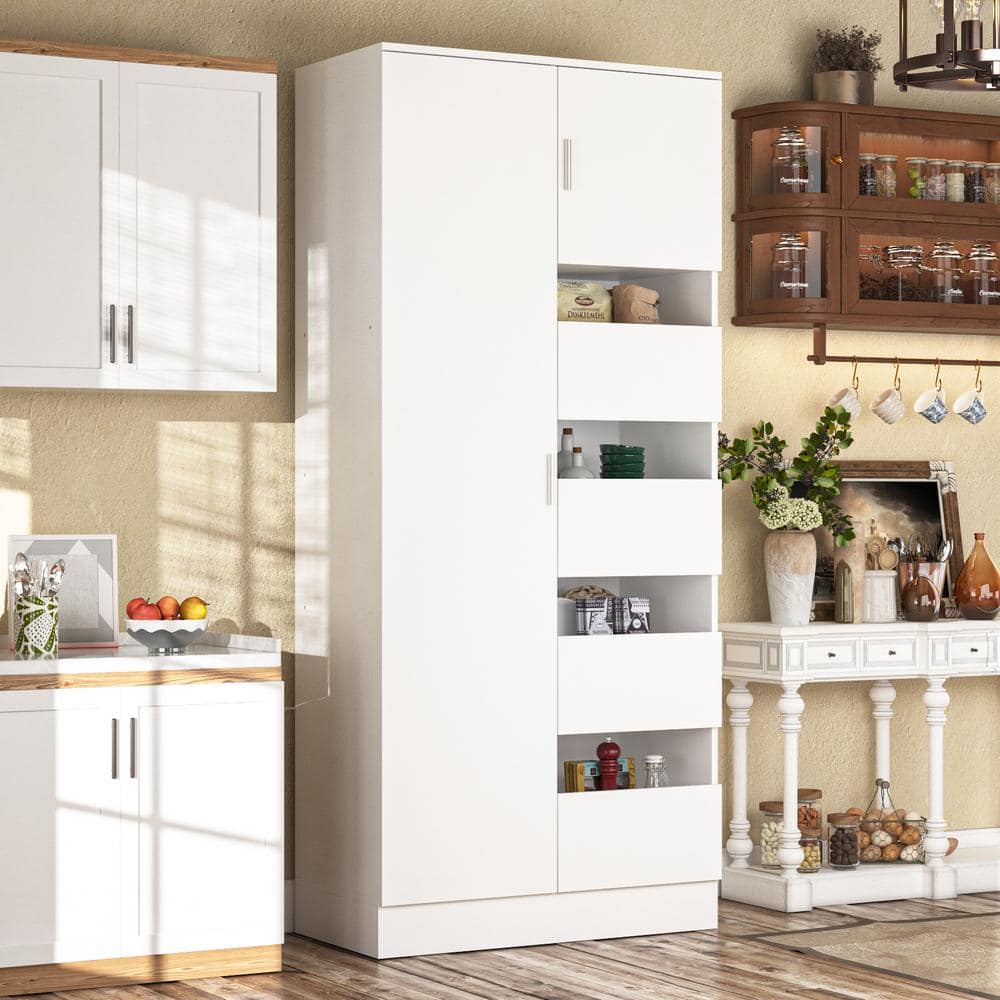 Fufuandgaga White Wooden 31 5 In Sideboard Food Pantry Storage Cabinet With 4 Open Drawers 1