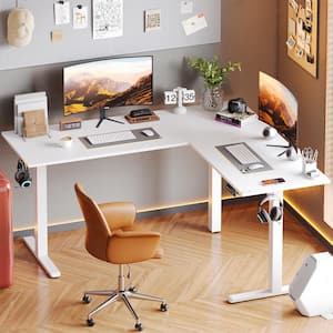 63 in. L-Shaped White Carbon Fiber Wood Sit to Stand Desk with 3-Height Memory Presets and USB Port, 2 Headphone Hooks