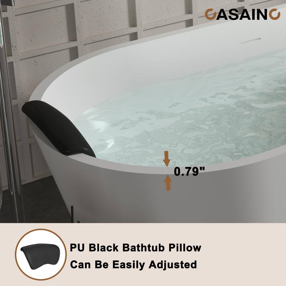 59" White Solid Surface Freestanding Soaking Bathtub with Black Pillow