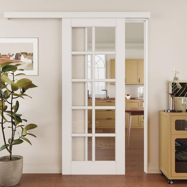 ARK DESIGN 32 in. x 80 in. Hidden Track Style 10-Lite Clear Glass White Primed MDF Sliding Barn Door with Hardware Kit