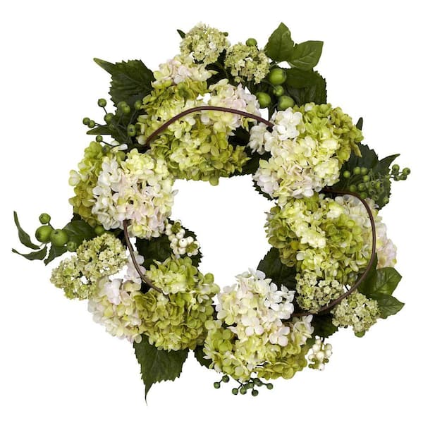 Nearly Natural 22.0 in. Artificial H Cream and Green Hydrangea Wreath