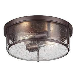 14.17 in. 2-Light Industrial Oil Rubbed Bronze Flush Mount Ceiling Light Fixture with Glass Shade