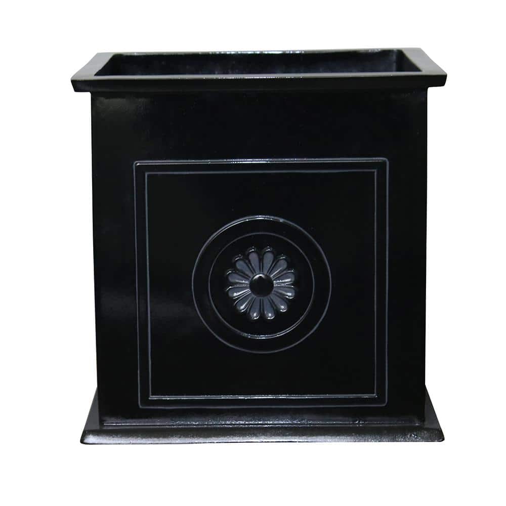 Glossy Black Square Resin Planter with Floral Medallions, 16"