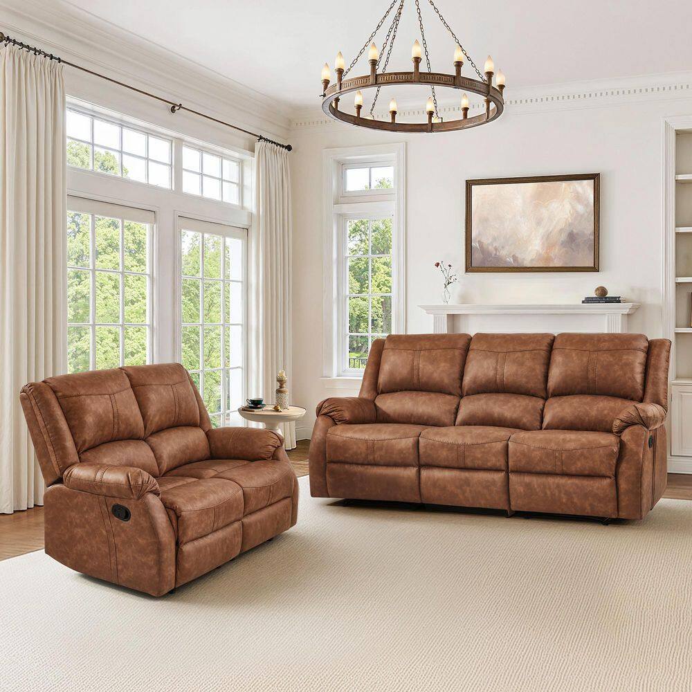 Jake 80.7 in. W Saddle Brown 2-Piece Leather Upholstered Push Back Rectangle Recliner Sofa and Loveseat with Rolled Arm