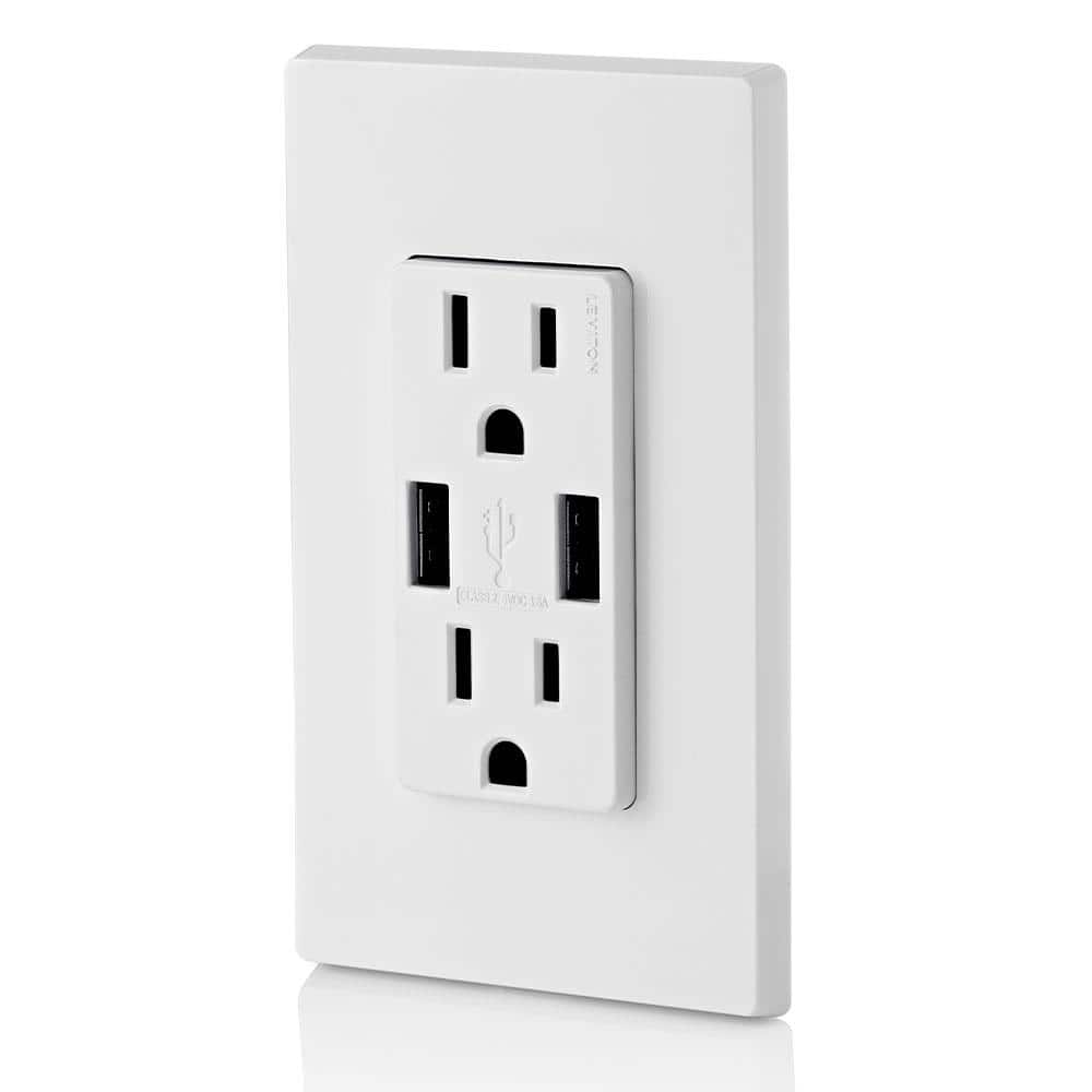 White Tamper Resistant Duplex Outlet with USB Ports