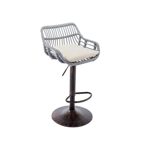 HOMEFUN 43 in. Gray Anti-Bronze Metal Frame Adjustable Outdoor Bar Stool with Rattan Removable Cushioned Seat (Set of 2)