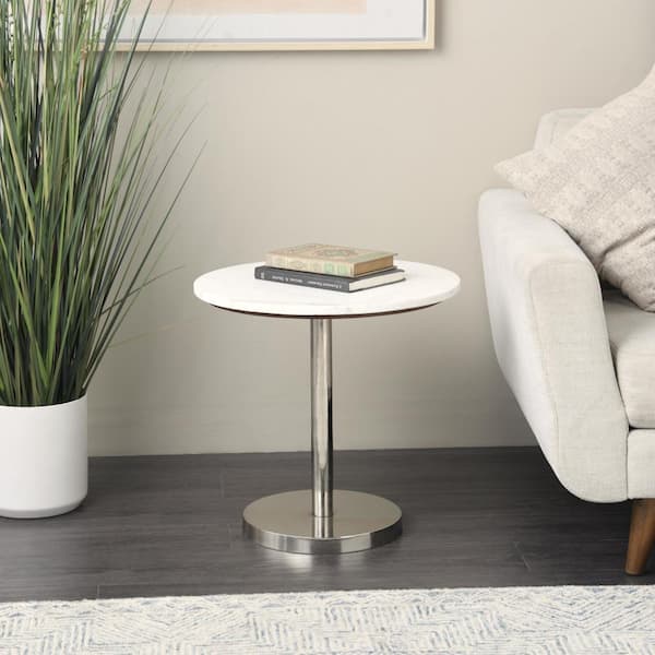 Litton Lane 20 in. Silver Pedestal Geometric Medium Round Marble End Table
