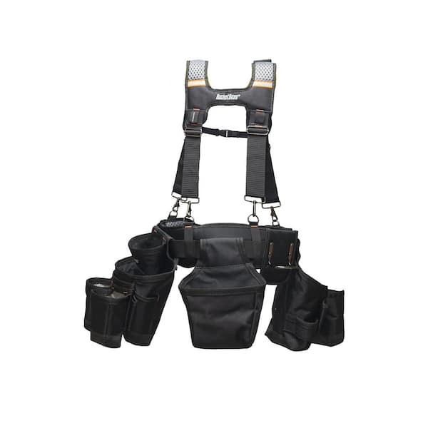 BUCKET BOSS 3 Bag Professional High Visibility Framer's Tool Belt with Suspenders Suspension Rig with 17 pockets in Black