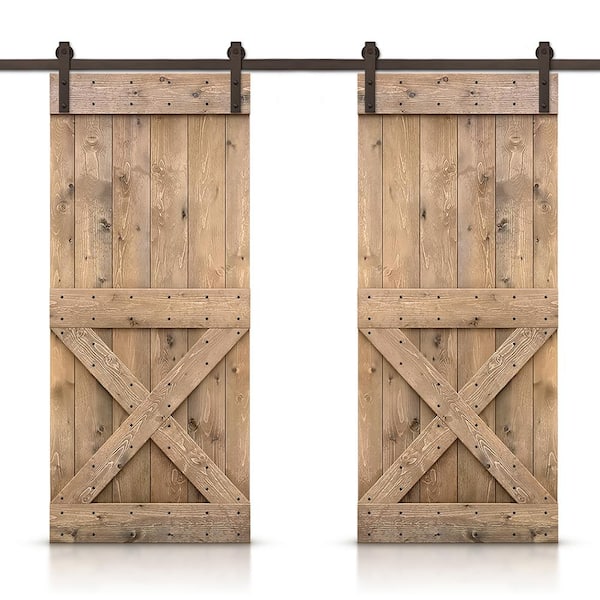 CALHOME Mini X 40 in. x 84 in. Light Brown Stained DIY Solid Pine Wood Interior Double Sliding Barn Door with Hardware Kit