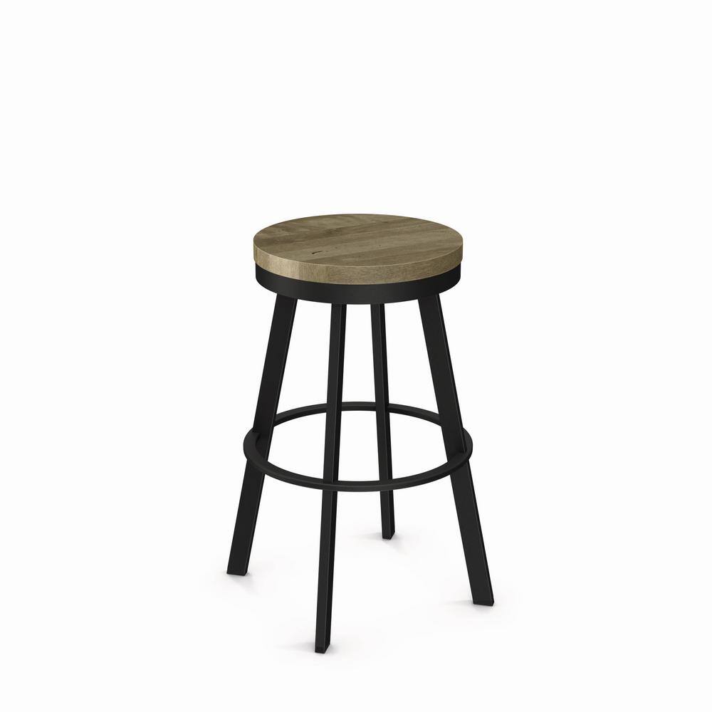 Beige Distressed Wood and Black Metal Swivel Counter Stool