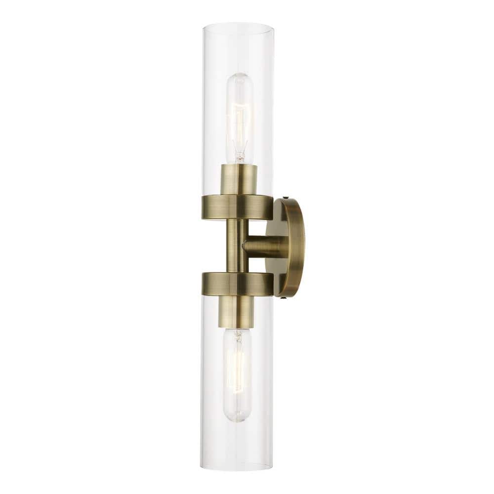 Antique Brass 2-Light Vanity Sconce with Clear Glass Shades