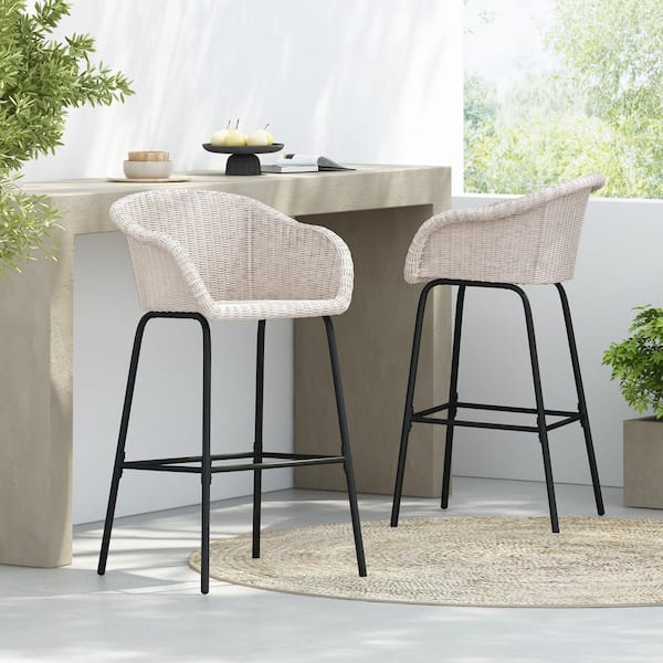 CHRISTOPHER KNIGHT HOME Ladd Patio Metal and Faux Wicker Outdoor Bar Stools with Footrest, Light Gray, Set of 2