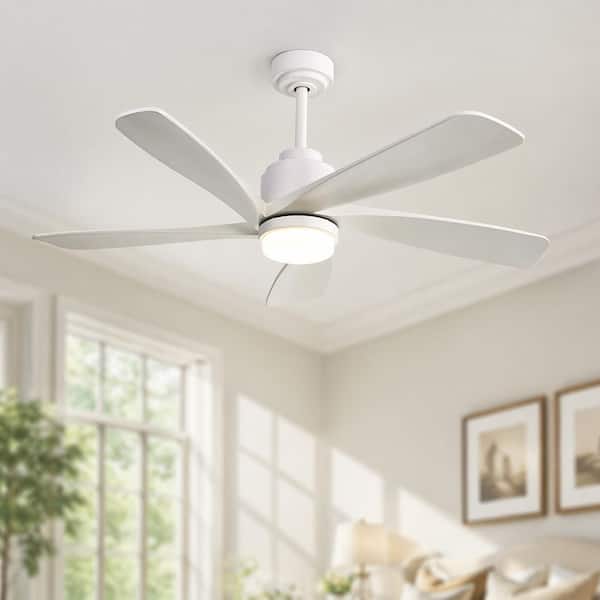 52 in. Integrated LED Indoor Downrod Mount White Solid Wood Blades Standard Ceiling Fan with Dimmable Light, Remote
