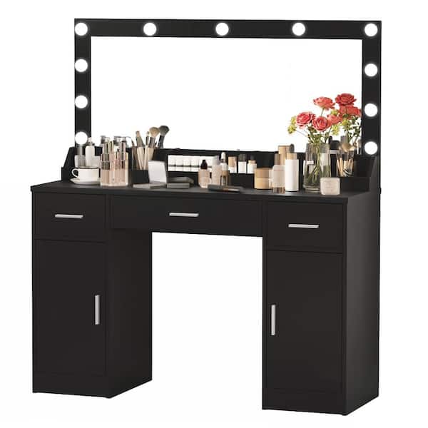 1-Piece Black Makeup Vanity Table with Large Mirror, 3 Lighting Modes, Adjustable Brightness, 3 Drawers & 2 Cabinets