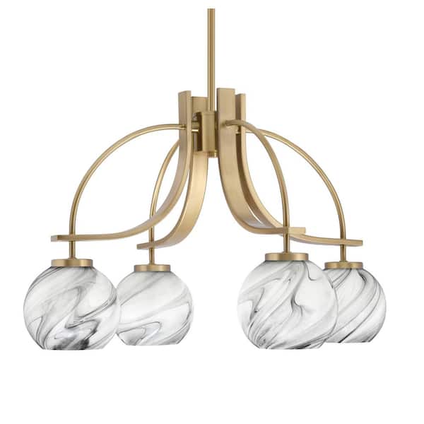 Unbranded Olympia 14.75 in. 4-Light New Age Brass Downlight Chandelier 5" Onyx Swirl Glass Shade