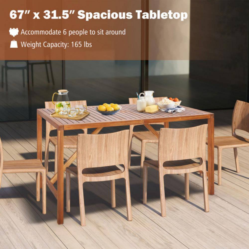 67-Inch Brown Acacia Wood Outdoor Dining Table with Umbrella Hole
