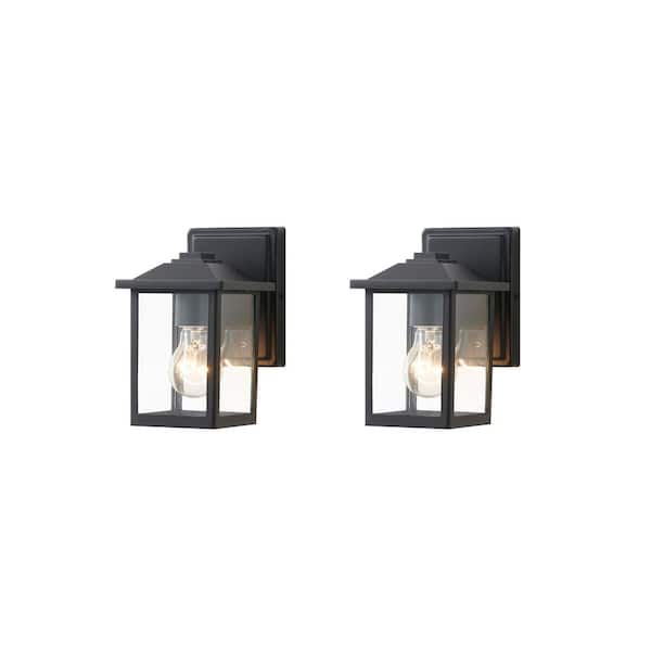 8 in. Painted Black Outdoor Hardwired Wall Lantern Scone with Clear Tempered Glass (2-Pack)
